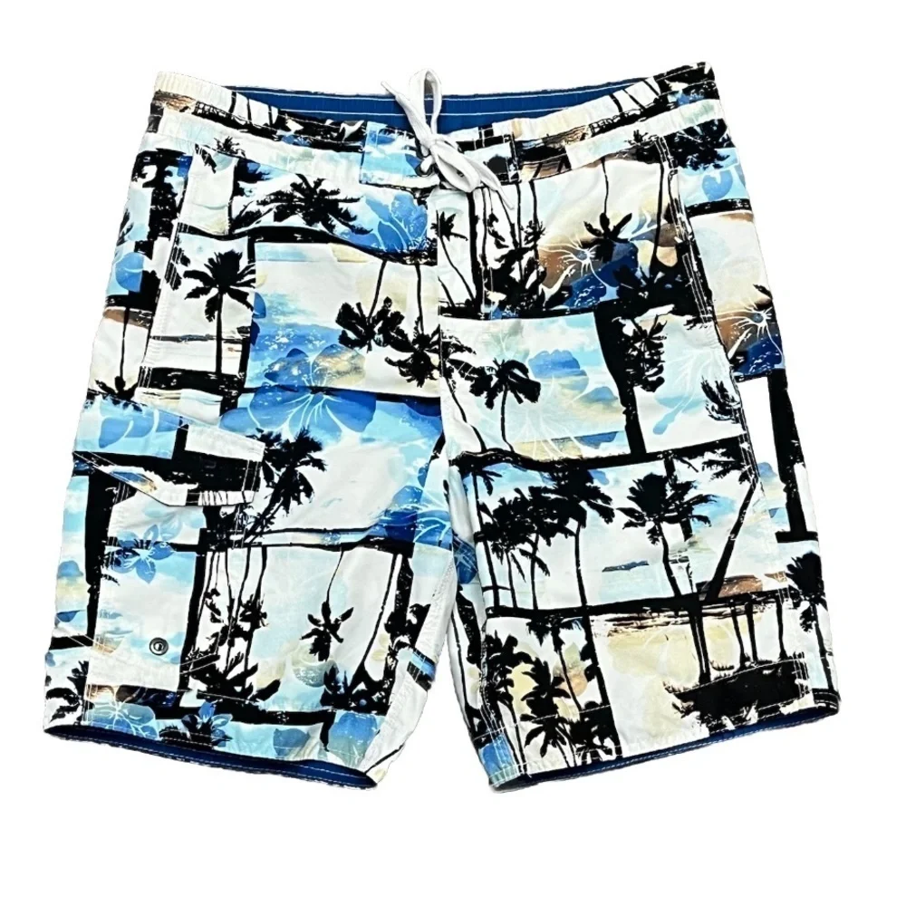 Lanesboro Sport Men’s Palm Tree Swim Trunks Size S Tie Waist Mesh Lining Beach